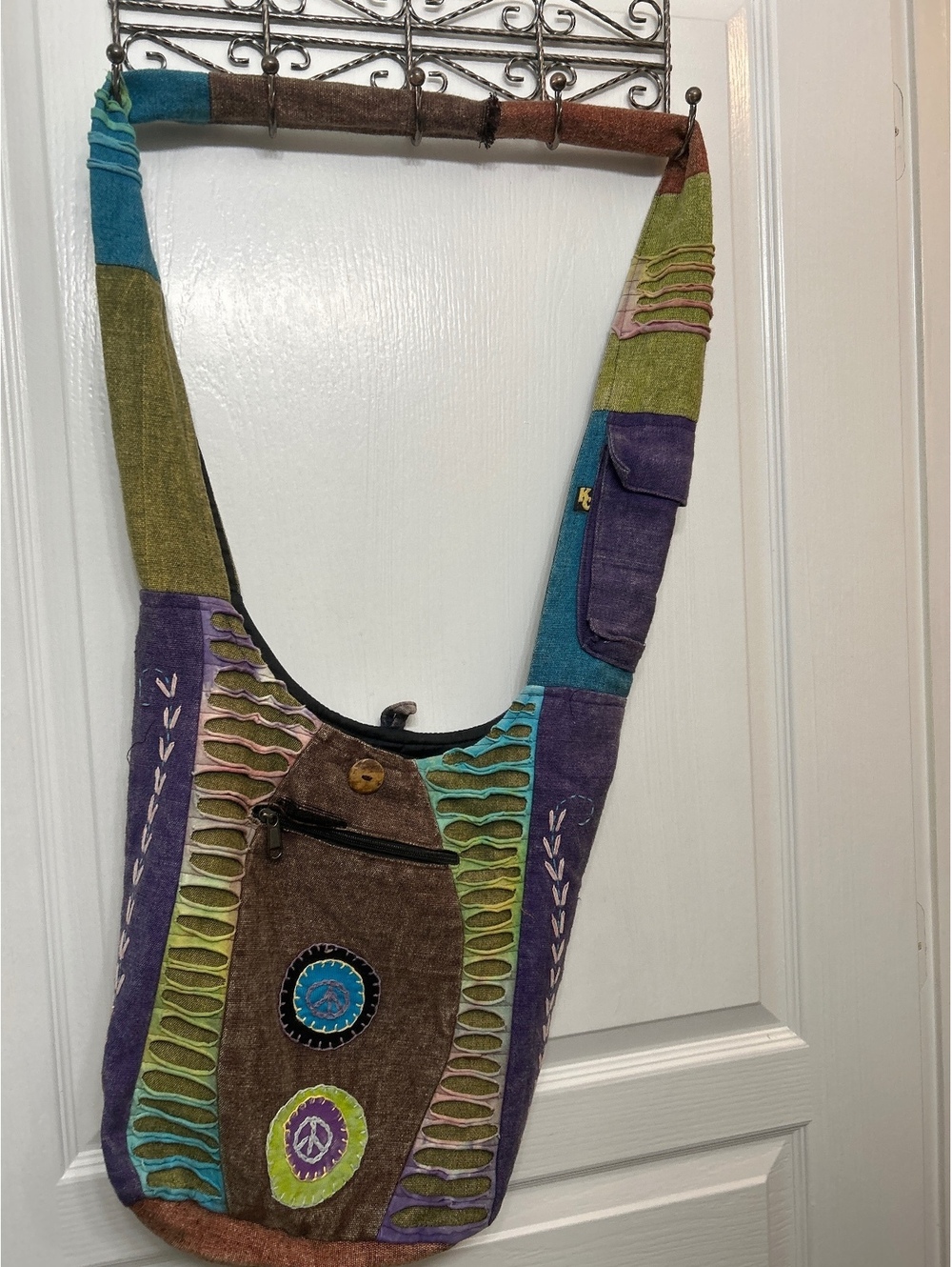 Colorful Handmade Crossbody Bag with Peace Sign Embroidery